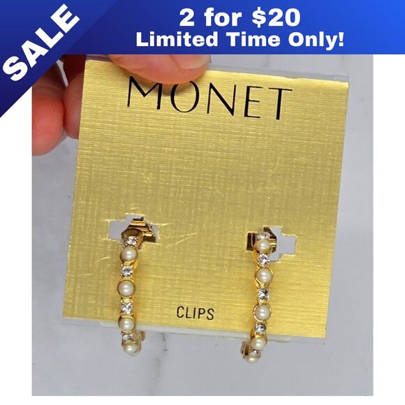 [Sale: 2 for $20!] NWT Gold Clip-On Hoop Earrings w/ Clear Gem & Pearl Accents! - Picture 1 of 12